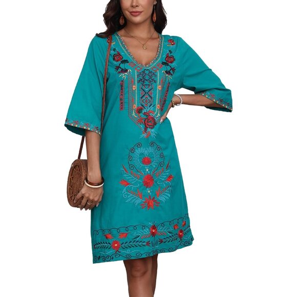 Women's Plus Size Cotton Mexican Fiesta Embroidered Dress Boho Casual - Picture 5 of 6